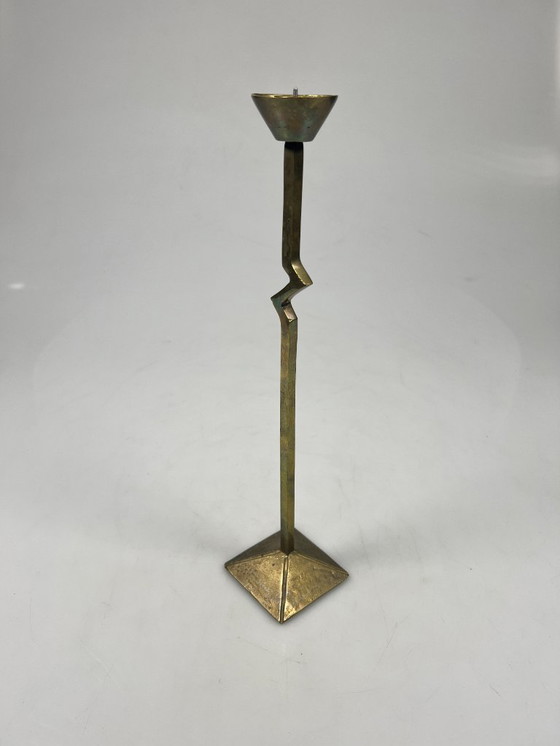 Image 1 of Vintage Zig Zag Candlesticks, Set of Two, Brass, Memphis Style, 1980s
