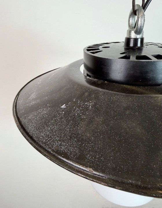 Image 1 of Industrial Grey Enamel Pendant Lamp with Milk Glass, 1960s