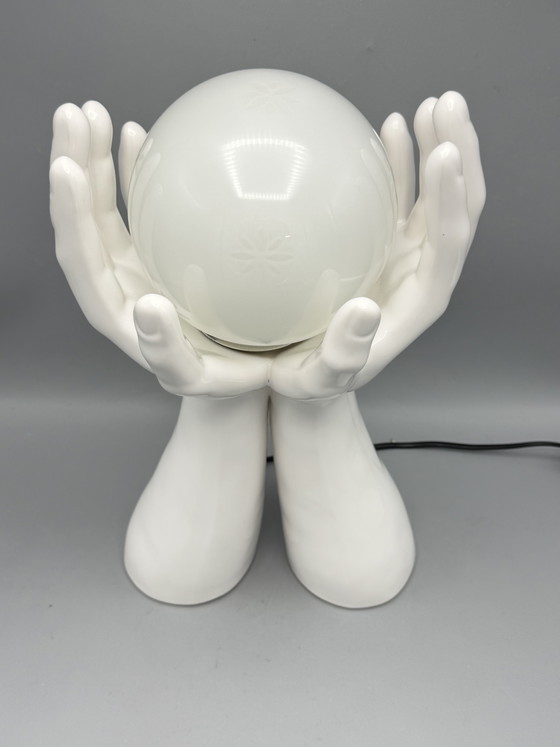 Image 1 of 80s Design Table Lamp With Hands And Glass Sphere