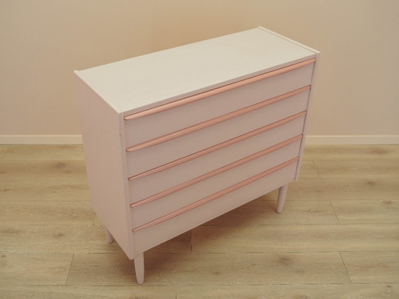 Dänische Kommode aus den 1970er Jahren in Rosa, vier Schubladen, Teakfurnier, massive Beine – Kommoden, Wood (photo 7 of 18)