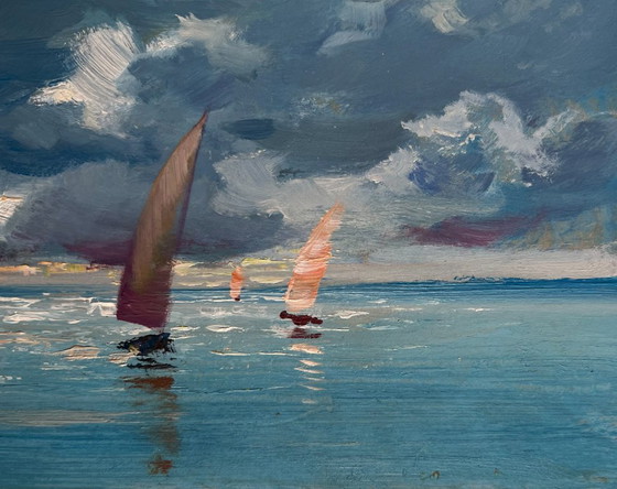 Image 1 of Peinture à l'huile originale, paysage marin d'été. Le soleil derrière les nuages.