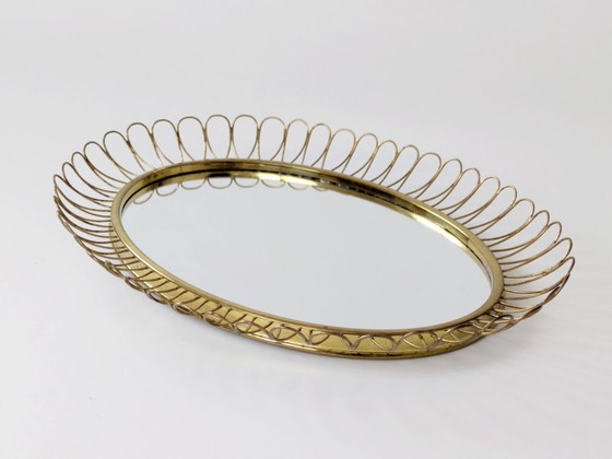 Image 1 of Midcentury Brass Oval Mirror in the Style of Josef Frank