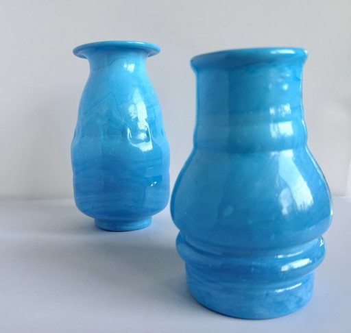 Lot de 2 Vases Vintage en Opaline – Bleu – Mid Century Modern – Fait main