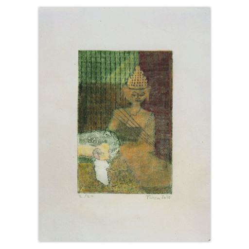 Monique PEHEM (BRETON-PROUTÉ) Signed Etching Buddha et Amanite 2010 – lithos zeefdrukken, Paper