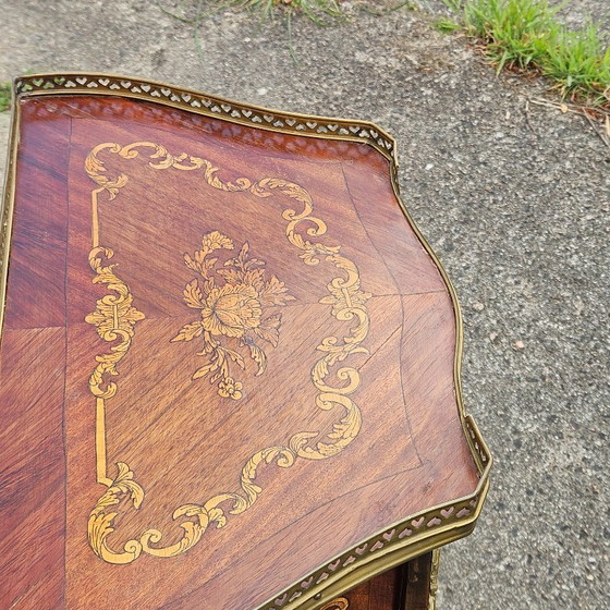 Image 1 of Chateau Ligny - French Antique Marquetry Nightstand - Fine Wood and Brass Console-Bedside Table-Style Louis XV- 1930s