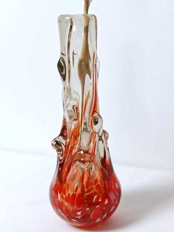 Image 1 of Vintage Hand Blown Art Glass Vase / 1970s Sommerso Style Orange Red Swirl / Retro Murano Look Decorative Vase / 