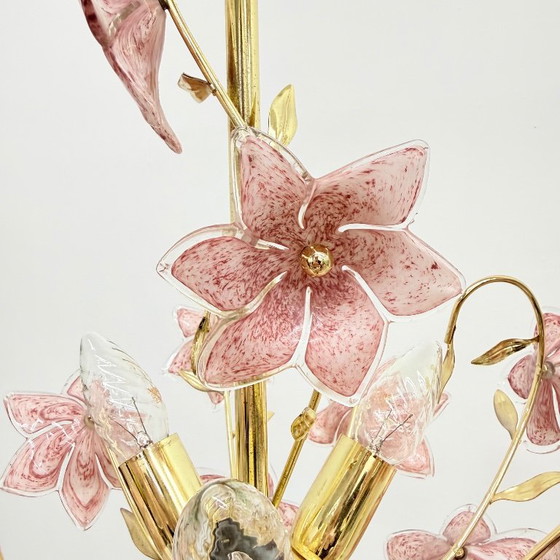 Murano rosa Glasblumen-Kronleuchter, 1970er Jahre, Metall (Foto 14 von 15)