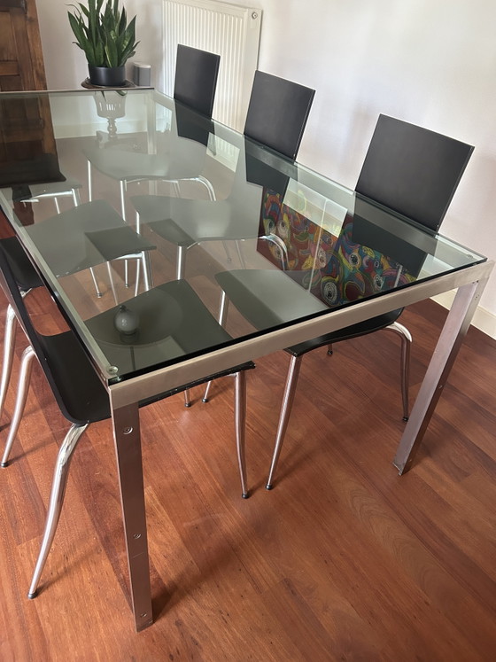 Image 1 of Metaform M2 dining table with glass top and metal frame