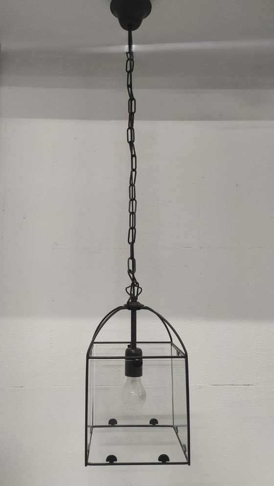 Image 1 of Ensemble de lampes suspendues rétro Amedi en verre/métal des années 90 (1 grande/double) 2 simples.