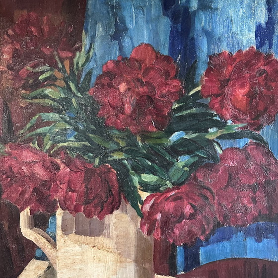 Image 1 of Vintage Oil Painting – Red Peonies in White Jug, Signed FAE, Expressive Floral Still Life, Belgian School Framed Artwork, 20th C
