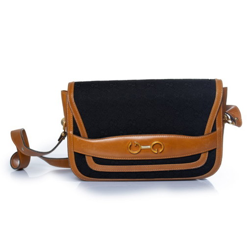 Gucci, Vintage GG Emaille-Tasche mit schwarzem Canvas – schoudertassen, Calfskin