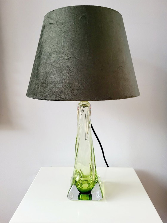 Image 1 of Val Saint Lambert crystal lamp turned base, green color, Belgium
