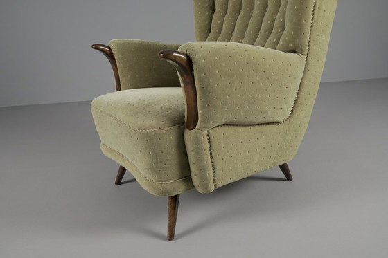Image 1 of Large Green Italian Wood & Fabric Wingback Armchair, 1950s