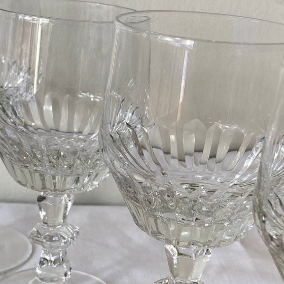 Image 1 of 6 antique carved stemmed glasses, wine or water glasses