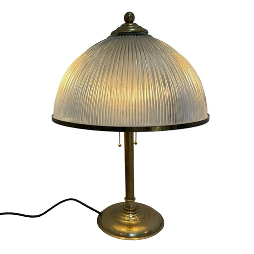 Art Deco - Lampe de table XL - Verre Holophane - Base en laiton, deux douilles - En très bon état !
