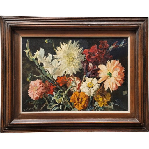 Óleo vintage sobre tabla que representa una naturaleza muerta y un ramo de flores de Paul Robert Bazé, Francia