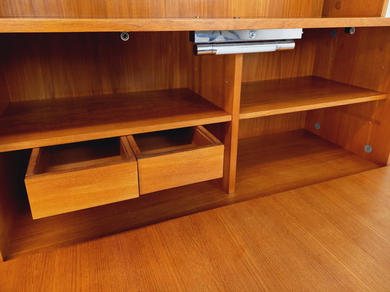 Image 1 of Louis Paolozzi's vintage modernist secretary bookcase for Monopoly in teak and metal from the 60s