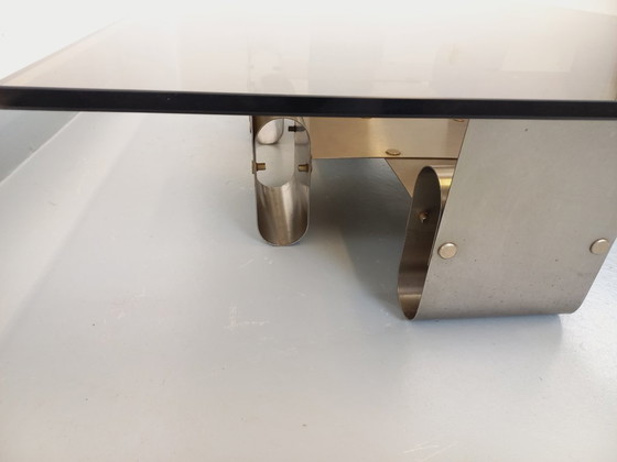 Image 1 of Large rectangular coffee table by François Monnet, vintage Space Age style, in steel and smoked glass from the 1970s