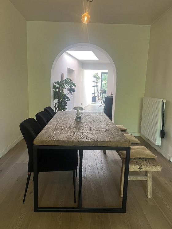 Weathered Elm Dining Table and Bench – Metal, Wood (photo 4 of 6)