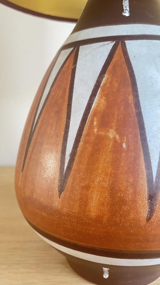 Vintage Handmade Table Lamp (38cm) – Geometric West Germany Base with Rust Brown Silk Shade