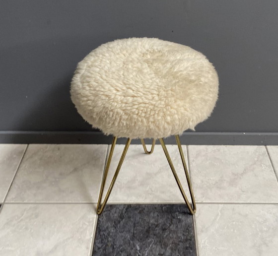 Image 1 of wool top brass small stool 1960s Sheep skin top
