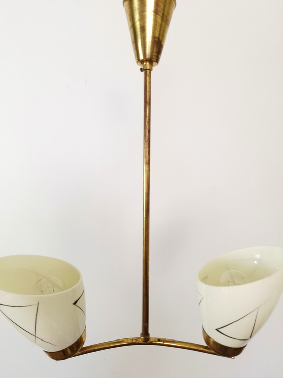 Image 1 of Beautiful art deco chandelier, vintage pendant light, ceiling light, two-arm chandelier, mid-century modern chandelier, Yugoslav