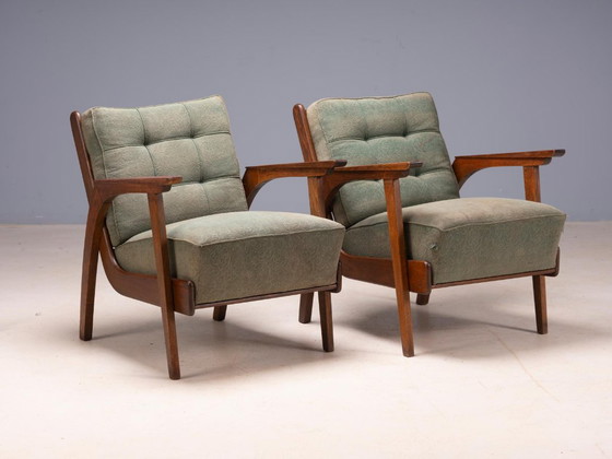 Coppia di poltrone lounge vintage di metà secolo con struttura in legno e rivestimento verde, 68 × 78 × 84 cm (photo 3 of 8)