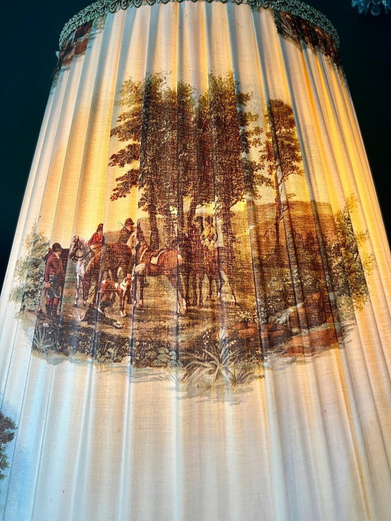 Image 1 of Vintage Mid - Century floor lamp from the 1960s. Lampshade with hunting motifs and turned wooden base in top condition.