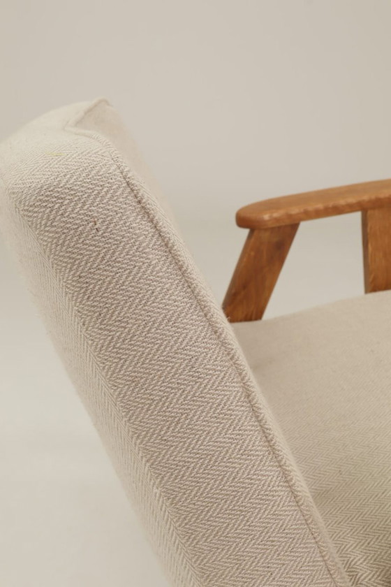 Image 1 of Vintage Loungestoel Visgraat Ecru, Eiken Natuurlijk Hout Scandinavisch Ontwerp