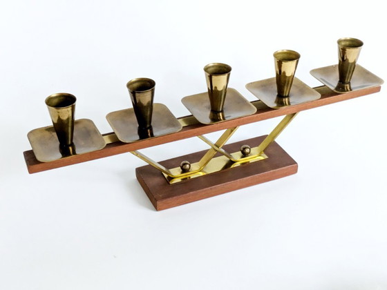Image 1 of Midcentury Teak and Brass Candelabra for 5 candles | Germany, 1960s