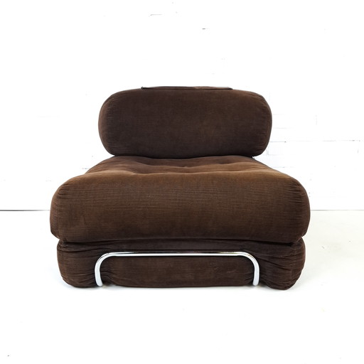 Vintage 70s brown corduroy armchair with capitone/ribbed chrome trim, mid-century modern design