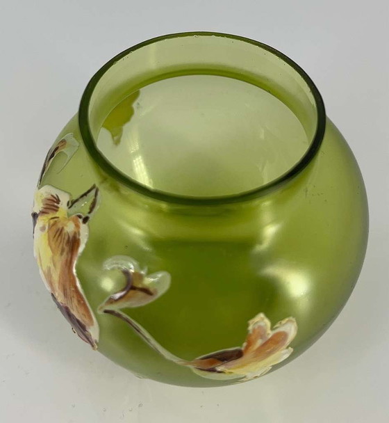 Image 1 of Rare Art Nouveau glass vase with fine enamel painting