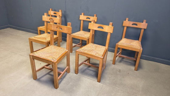 Image 1 of Vintage oak and wicker brutalist chairs, 1960s - set of 6