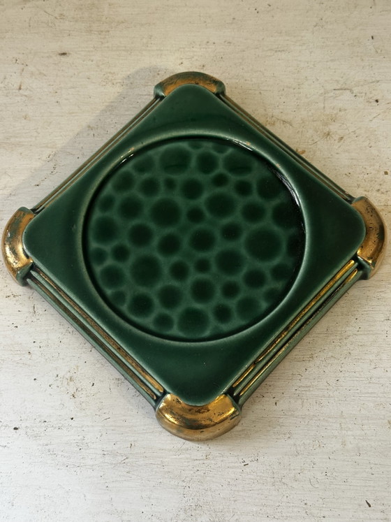 Posavasos Art Déco de cerámica esmaltada en verde y dorado moteado. – Accesorios de mesa, Ceramic, Vintage (photo 5 of 12)