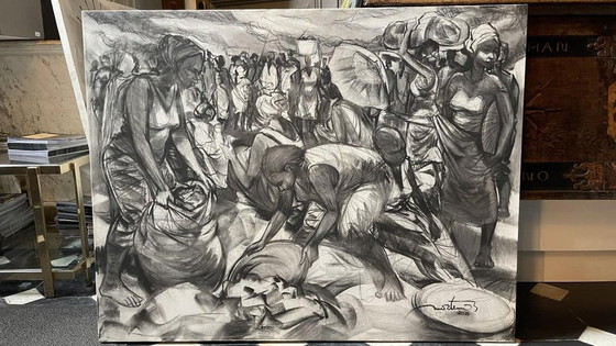 Denis Matemo, Scène de Marché, Fusain sur Toile, 2016 – Peintures et dessins, Canvas (photo 12 of 17)