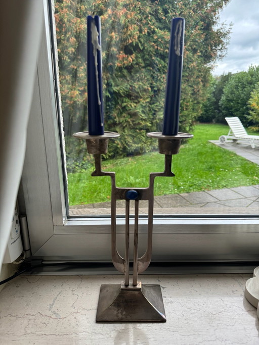Pair of Art Deco Style Candle holders by Gunther Lambert – Silver-plated with Lapis Lazuli (Set of 2)