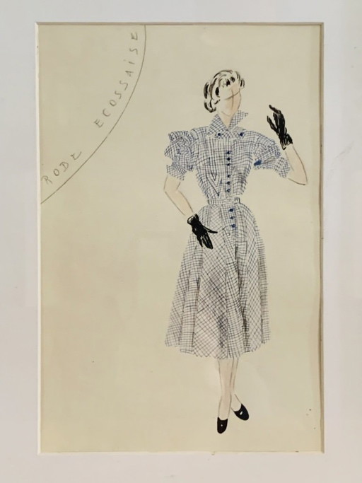 Mid-Century, Signed, Framed, “Robe Ecossaise” Pencil Sketch on Paper by Berthe Duquaine, 1950's