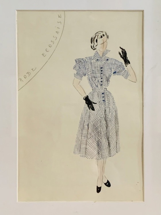 Image 1 of Mid-Century, Signed, Framed, “Robe Ecossaise” Pencil Sketch on Paper by Berthe Duquaine, 1950's
