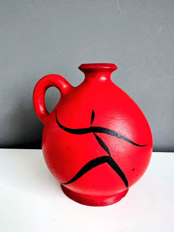 Ceramica Eneida Girona anni '60-'70, brocca rossa con linee tipo graffito., ceramiek Eneida, Vasi, Nero (foto 2 di 7)