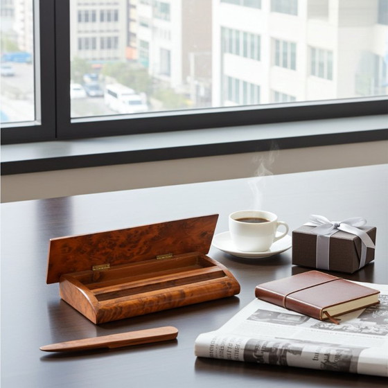 Image 1 of Antikes Federmäppchen mit Holzmesser aus Wurzelnussholz