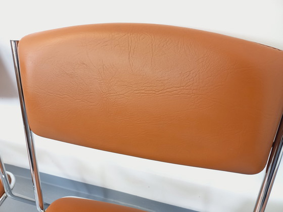 Image 1 of Set di 4 sedie a slitta vintage degli anni '70 in metallo cromato e similpelle color cognac