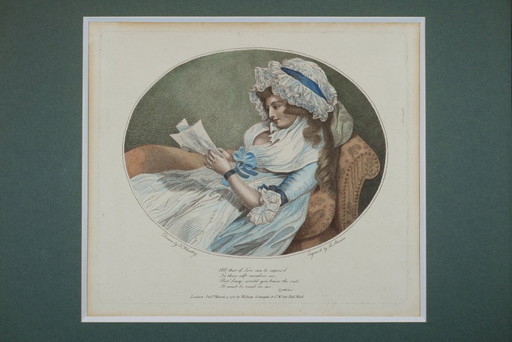 Woman Reading - Antique framed engraving by R. Stanier after Francis Wheatley
