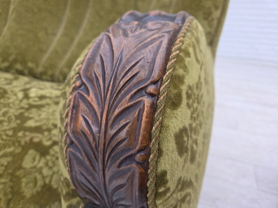 Image 1 of 1960s, Danish 3-seater sofa, furniture velour, carved oak wood.