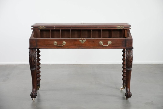 Image 1 of 19th century English antique oak wall desk/writing table on castors