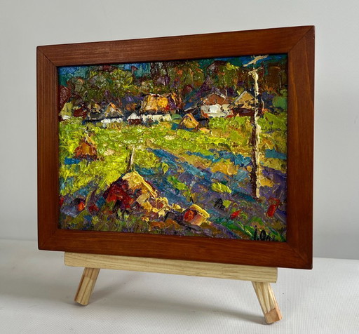 Original Oil Painting Summer Field Landscape Sunny day in the village