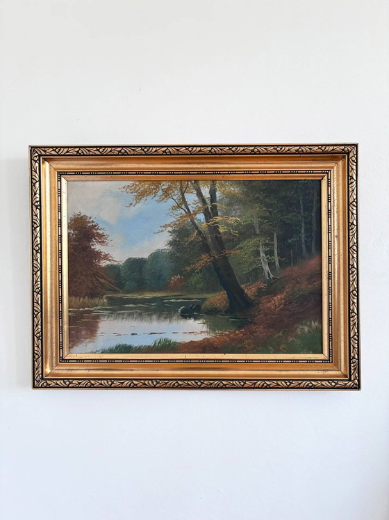 Image 1 of Peinture à l'huile originale vintage représentant un paysage, signée, œuvre d'art de ferme