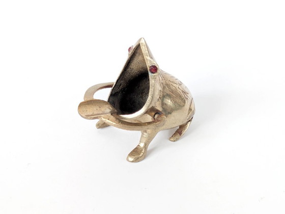 Image 1 of Midentury Vintage Brass Frog Figurine Trinket, Sculptural Quirky with Ruby Red Crystal Eyes