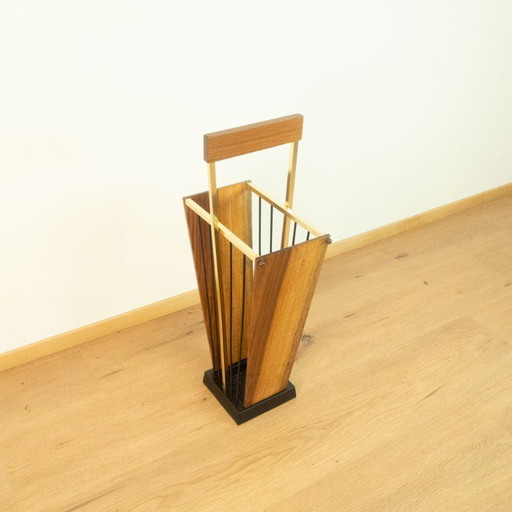 Porte-parapluies, fonte, laiton, noyer, années 1960