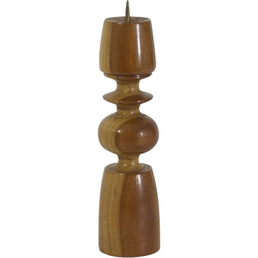 Bougeoir scandinave vintage en bois massif tourné et laiton