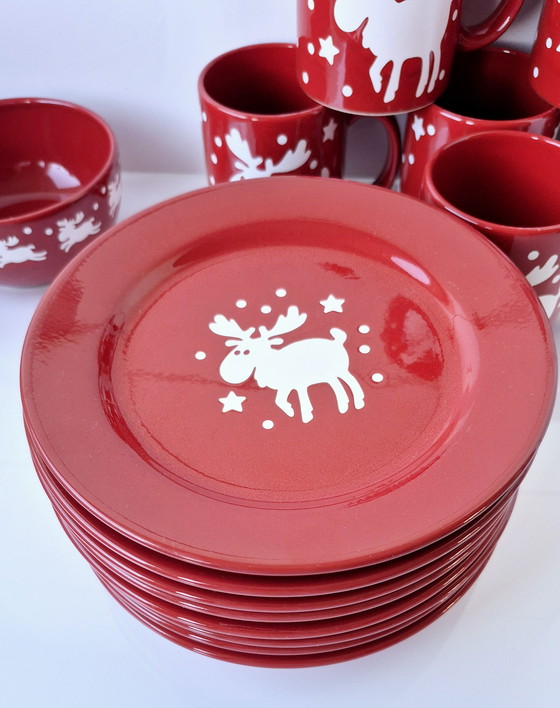 Image 1 of Waechtersbacher Keramik Design Emma Mugs Christmas Reindeer Service Fun Factory 8 Persons